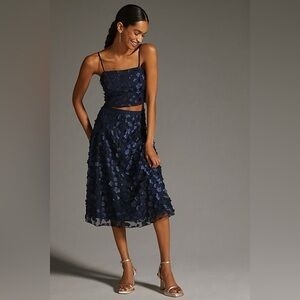 NEW! Anthropologie & Eva Franco Mesh Navy Petal Top & Skirt 2 Piece Set Size 0